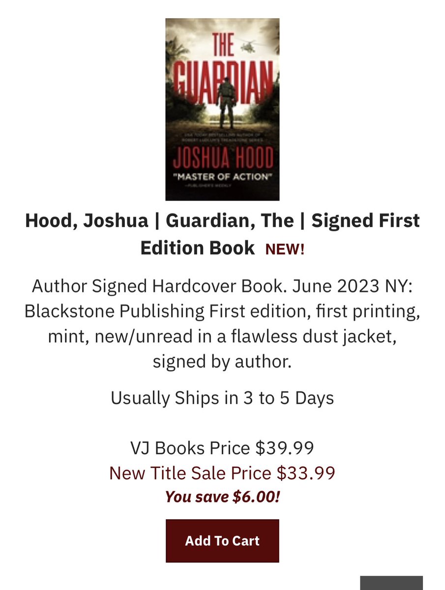 @TheRealBookSpy @DonyJayBooks @BradThor @danielsilvabook @Connellybooks They even have THE GUARDIAN by @joshuahoodbooks vjbooks.com/Signed-and-Col…