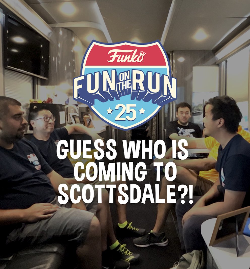 Funko's tweet photo. Hey Scottsdale! Lucky you...breaking news that Mike Becker and Delivery Dave will be joining the crew on  Fun on the Run TOMORROW! Don't miss the bus! #FunontheRun #25YearsofFun https://t.co/nOz2rkucW3