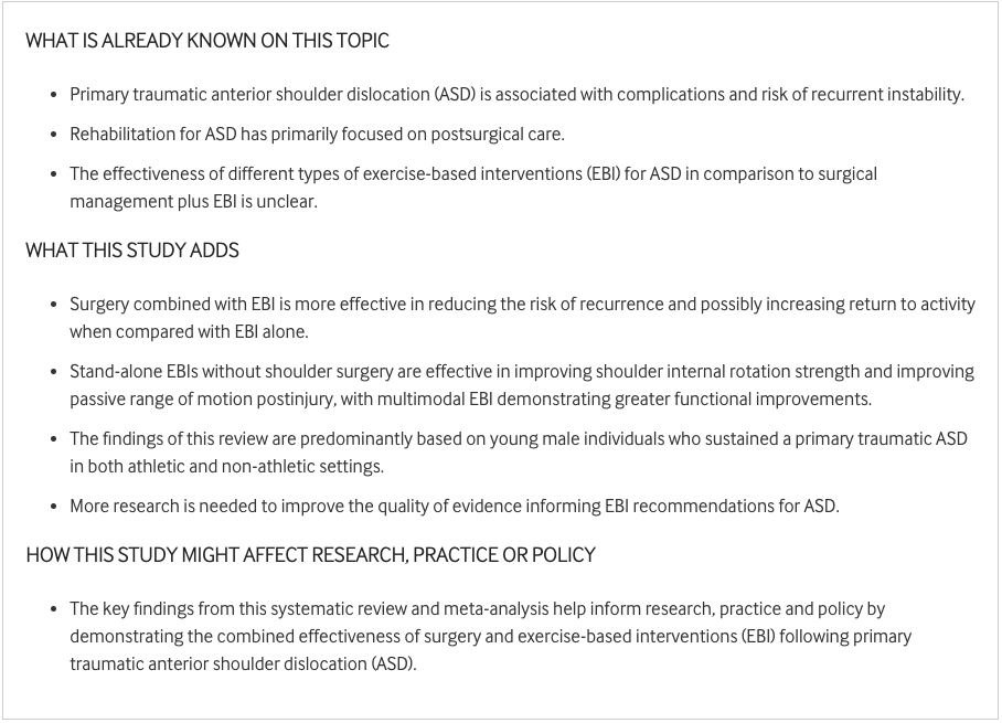 🚨 How effective is combined surgical and exercise-based interventions following primary traumatic anterior shoulder dislocation? 🤔

What decreases the risk of recurrence and improves the return to activity?📉

NEW #SystematicReview 📄 ⬇️

bit.ly/3NTRBfu