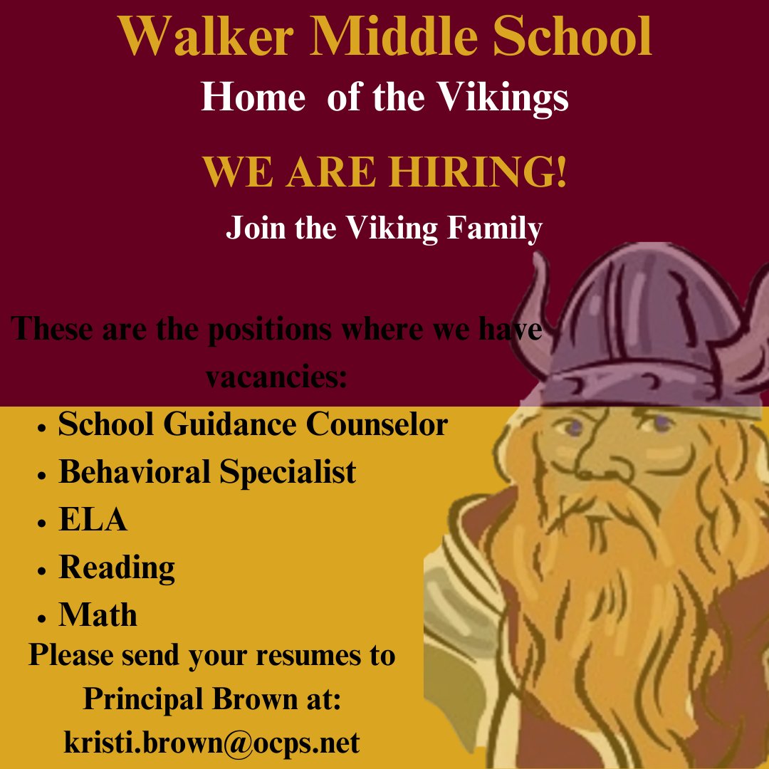 WalkerMS_OCPS's tweet image. Looking for a place where your exceptional credentials and love for teaching are appreciated? Come be a part of the Viking family today!#WeAreHiring #JoinUs #TheVikingWay