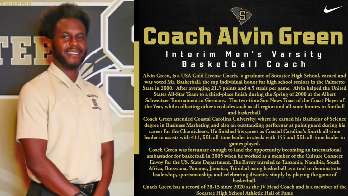 Please welcome Coach Alvin Green as our new Interim Head Men's Varsity 🏀 Coach. Coach Green is a Socastee alumni and member of the Socastee Athletics Hall of Fame. #GoldBlooded #OnceaBraveAlwaysaBrave