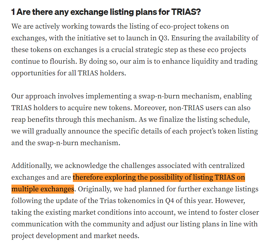 j_____tw's tweet photo. $TRIAS team is "exploring the possibility of listing TRIAS on MULTIPLE exchanges".

Listings could happen in Q4, or maybe next year. 

For those of you who believe in the 4 year cycle, then the next bull run will be in late 2024 - early 2025 anyway, so there is plenty of time. https://t.co/jzJ8CXa8Ad