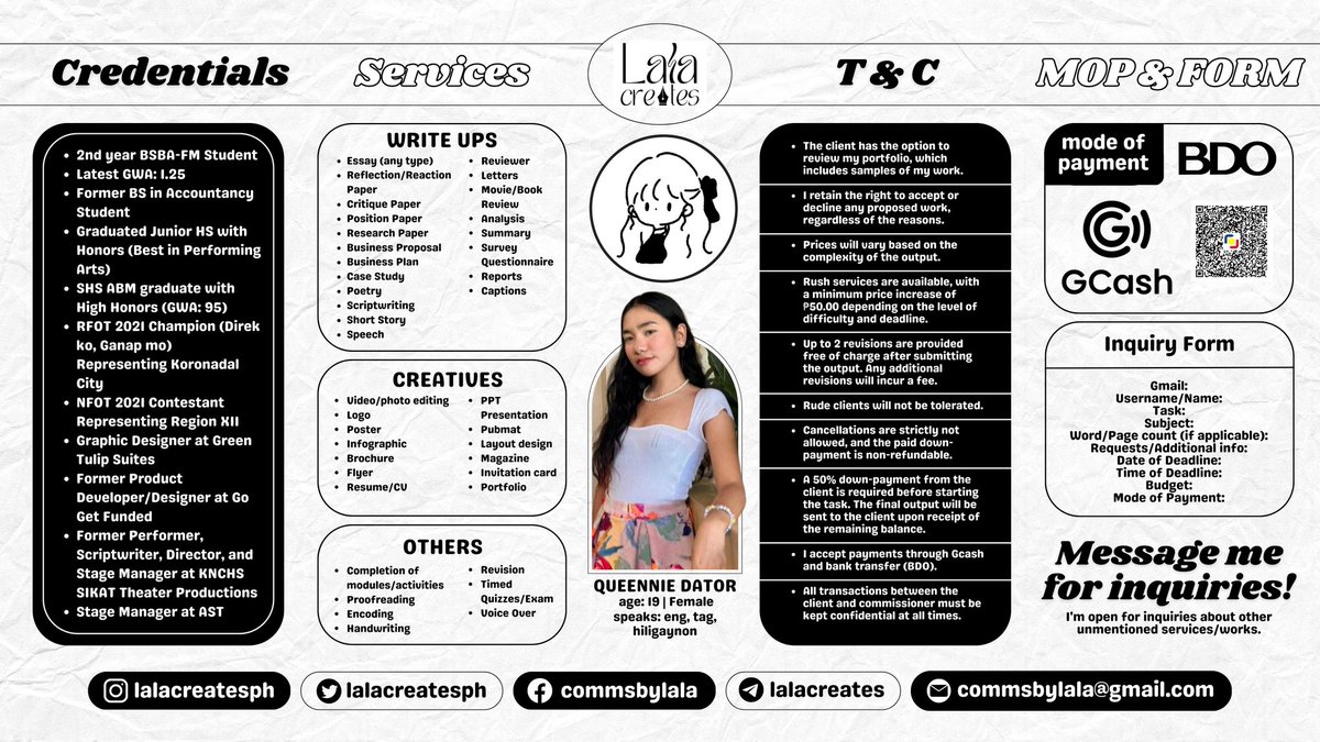Hello comms twt! 𝙇𝙖𝙡𝙖 is here to help you conquer your academic hurdles. 🤍☁️

Kindly read my 𝘾𝙤𝙢𝙢 𝙎𝙝𝙚𝙚𝙩 below before sliding into my dm's. I'm looking forward to serve you. ♡♡♡

✿ Proofs: #commsbylala