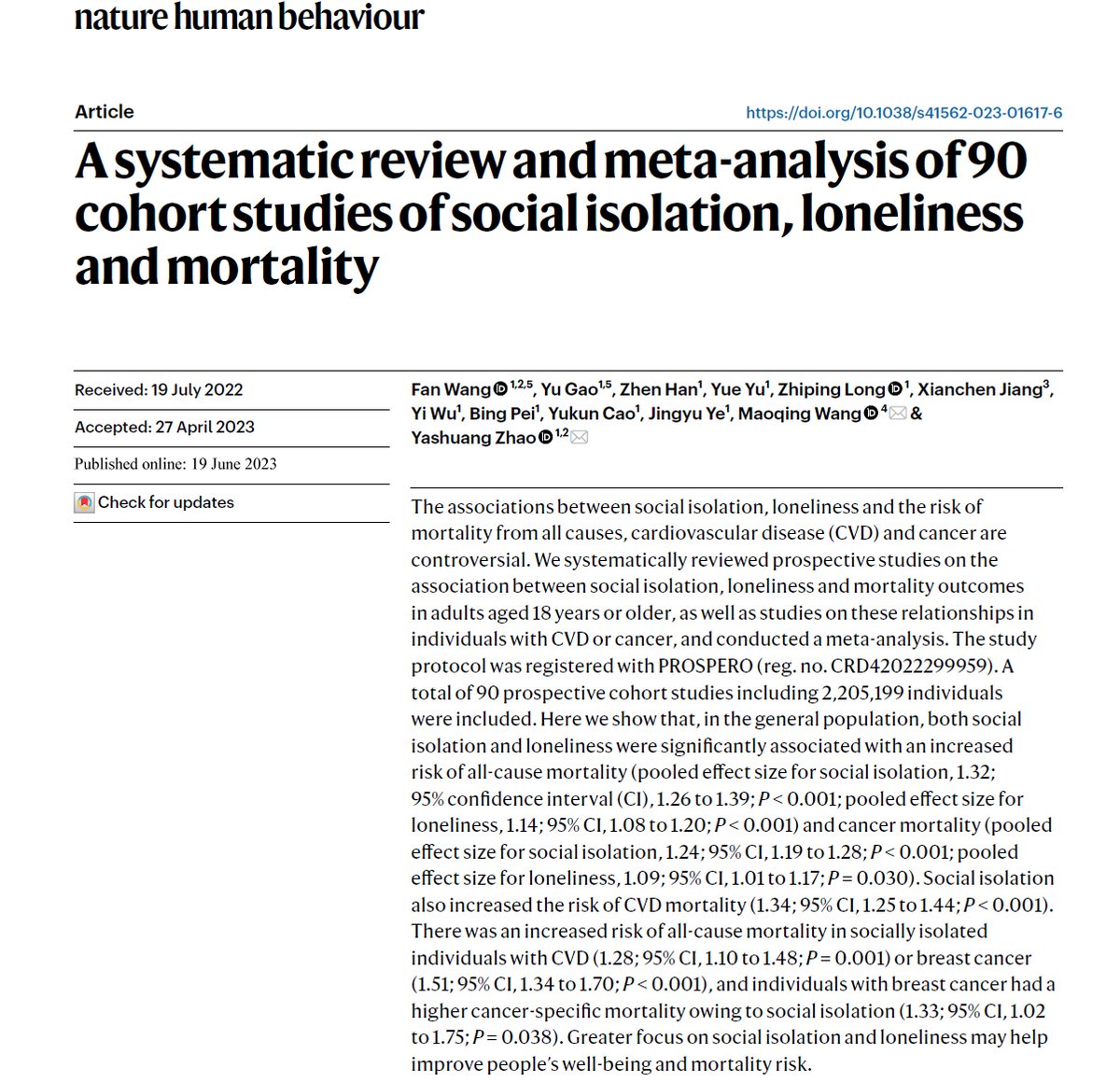 Loneliness doesn't only hurt mental health. It's also a risk factor for physical health. 90 studies, 2.2M people: loneliness and social isolation predict mortality from cancer and all causes, even after controlling for health conditions. Human connection is vital to well-being.