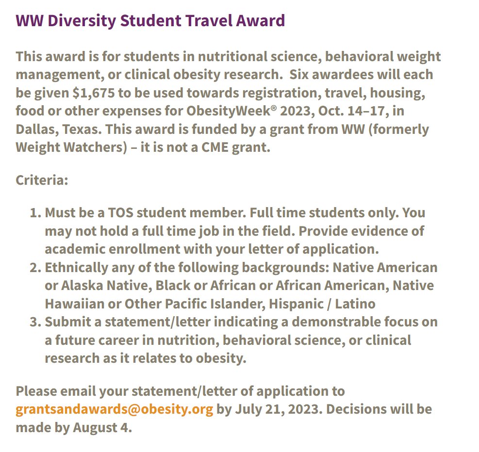 Are you attending #ObesityWeek2023 in Dallas? Are you a student from a traditionally underrepresented racial/ethnic group in science? If so, apply to the @ww_us Diversity Student Travel Award, which will provide $1,675 towards registration and attendance. Due July 21! Details: