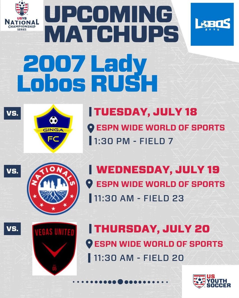 lobosrushsoccer's tweet image. Our 2007 Lady Lobos RUSH and 2004/05 Lady Lobos RUSH travel to Orlando, FL to play at the ESPN Wide World of Sports to compete in the USYS National Championships!  
Tune in daily for game updates and scores!!
GOOD LUCK, LADIES!!!
#ladylobosrush
#lobosrush 
#rushsoccer