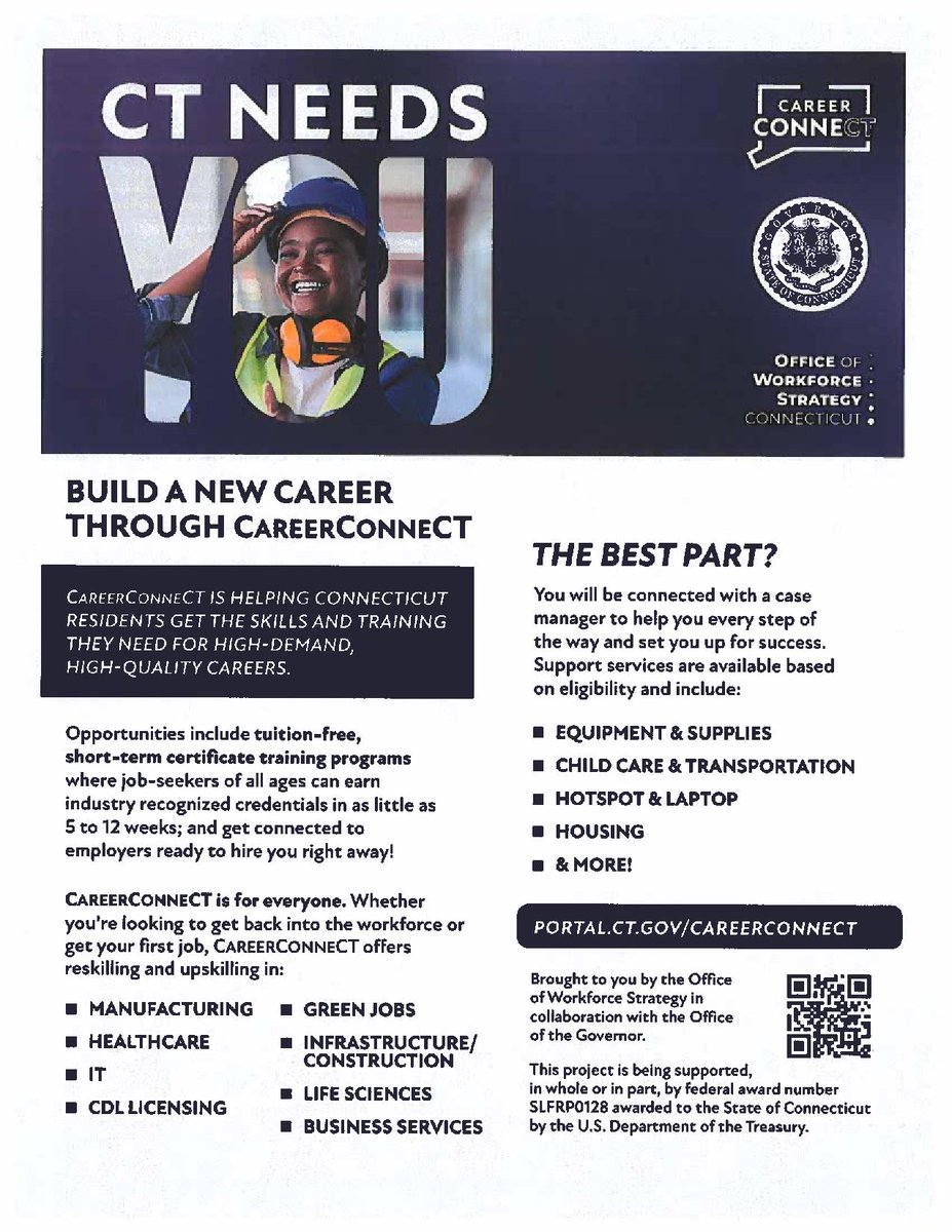 CareerCONNECT  is helping CT residents get the skills & training they need  for high-demand careers.  Opportunities include tuition-free, short-term  certificate training programs.  Support services are also available  based on eligibility. #FinancialStability