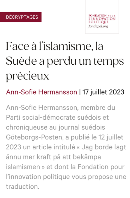 Fondapol's tweet image. Décryptage 🔎 @Fondapol publie une traduction de l’article de @soffangbg sur l’aveuglement des sociaux-démocrates face à la radicalisation de l’islamisme en Suède.
“Face à l’islamisme, la Suède a perdu un temps précieux”.
👉 urlz.fr/mJB7