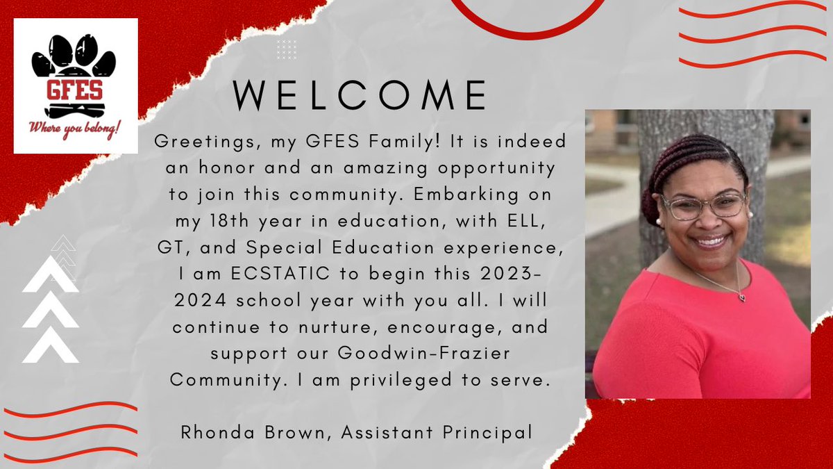 Please join us in welcoming our new Assistant Principal, Ms. Rhonda Brown!  We are so excited to have her at GFES!🐾