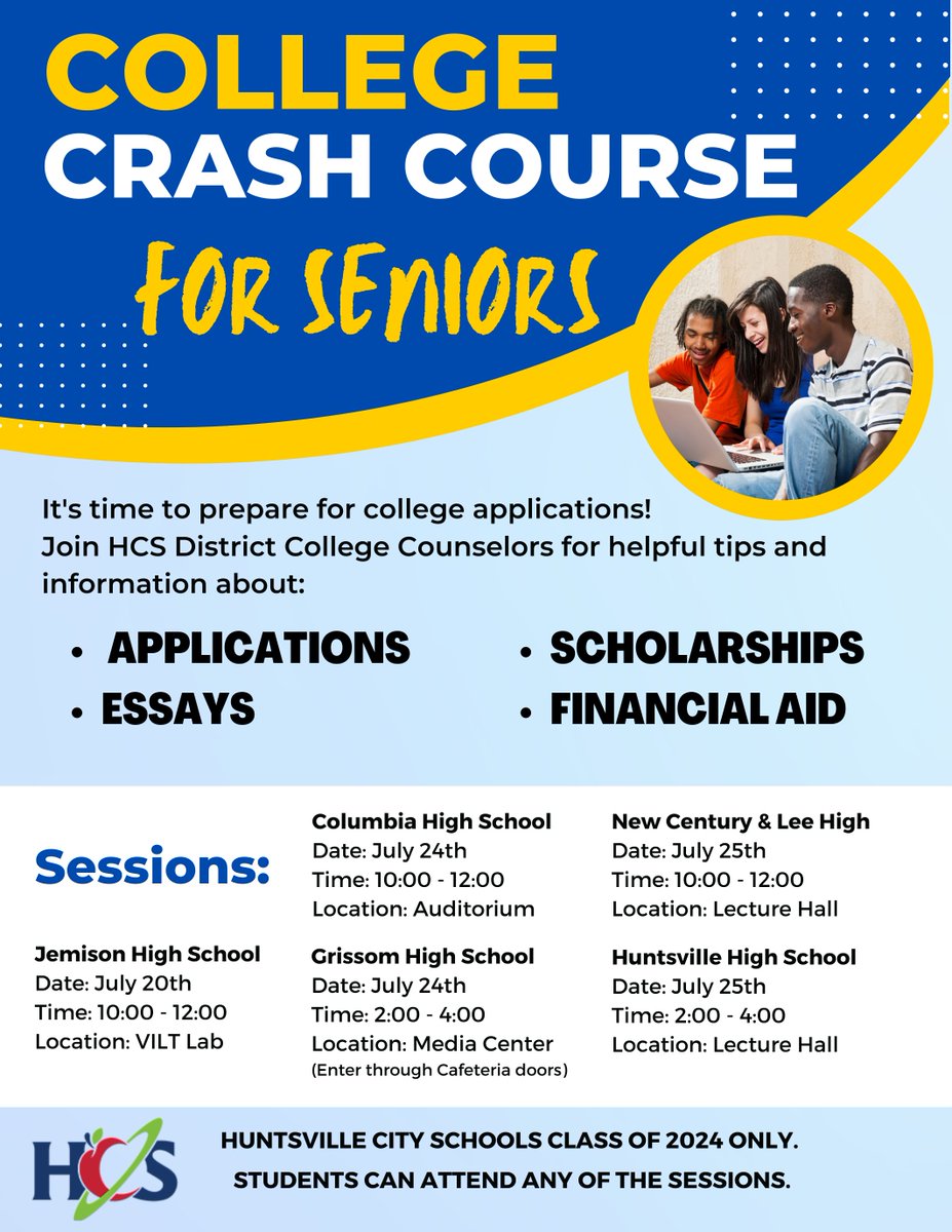 It's time to prepare for college applications! Join HCS College Counselors for helpful tips and information about applications, college essays, financial aid, and scholarships. HCS Class of 2024 students may attend at any location.