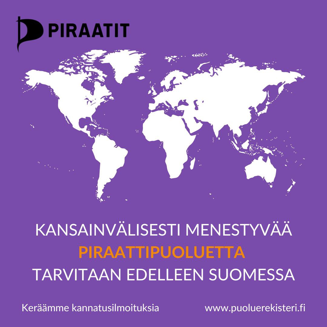 Piraattipuolue's tweet image. Kansainvälisesti menestyneelle Piraattipuolueelle on tarvetta Suomessa. Allekirjoita siis kannatusilmoitus alla näkyvässä osoitteessa ja varmista piraattipolitiikan paluu takaisin puoluekentille.

puoluerekisteri.fi/puolue/51

#piraatit #piraattipuolue
