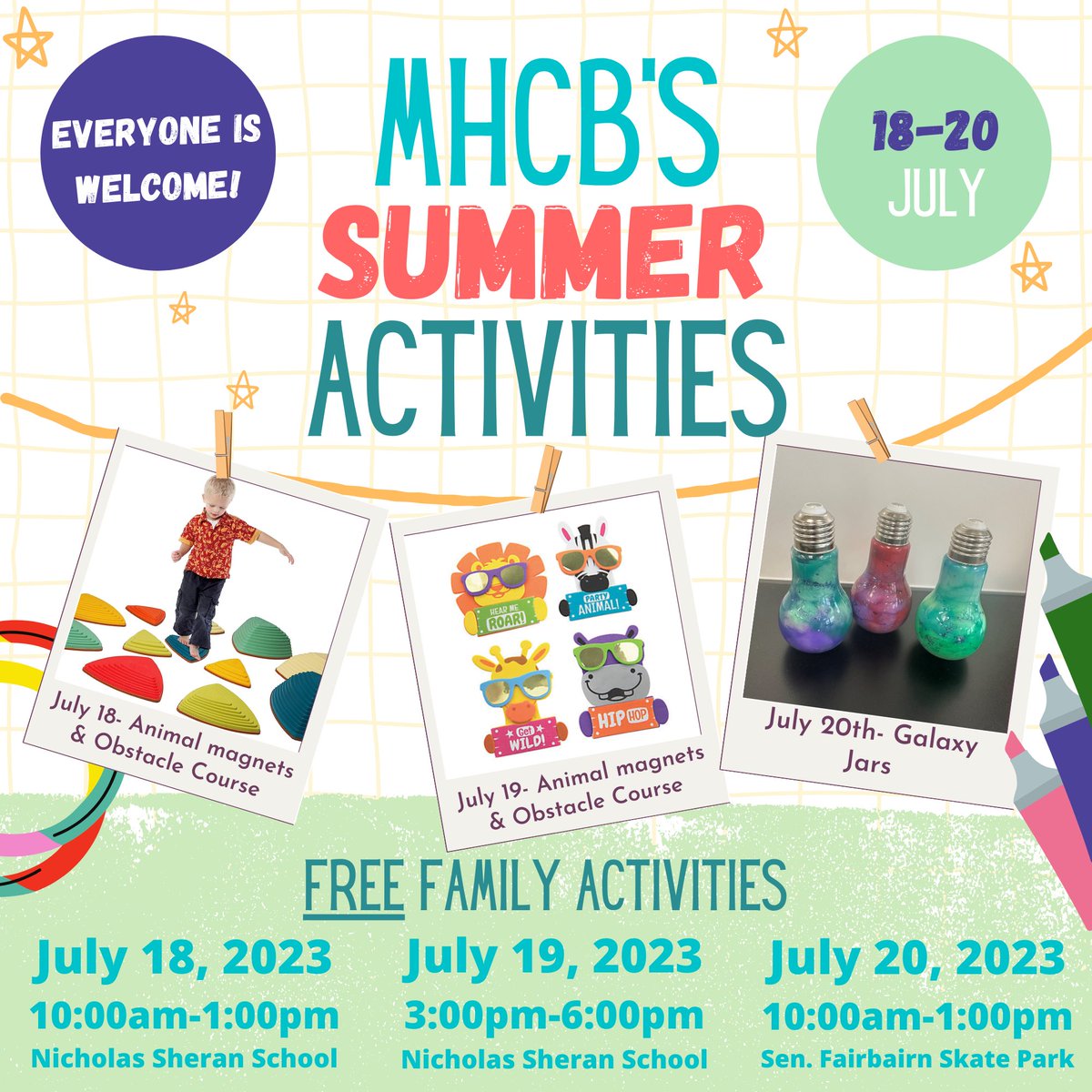 We're ready for even more summer fun! Come join us for FREE family activities at Nicholas Sheran School and / or SJF Skate Park this week!