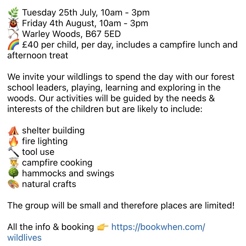 Forest school summer club in Warley Woods for 8-11 year olds 🌳🔨

Info &amp; booking 👉 bookwhen.com/wildlives