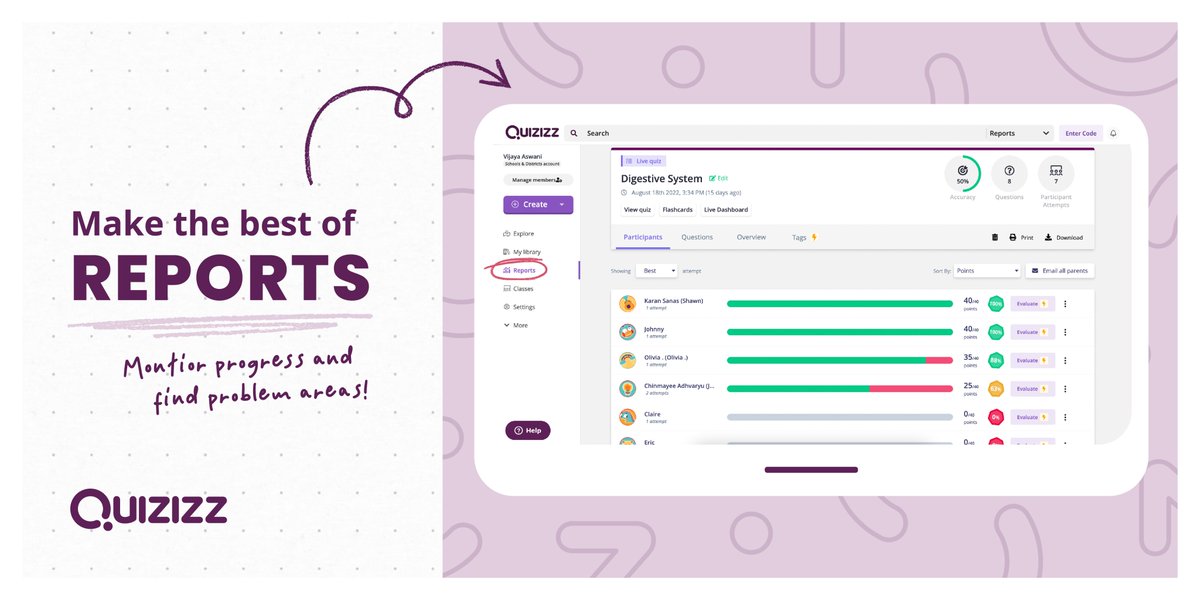 As a Special Education Teacher, I find Quizizz valuable because I appreciate the reports feature. When using this feature I can monitor student progress in real time so I can adjust my instruction to meet students where they are at. @KyleNiemis @quizizz #youcanwithquizizz