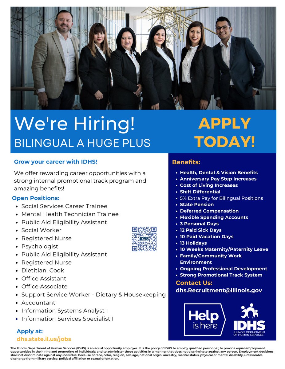 DHS offers diverse career options ranging from entry-level to professional positions with great benefits that are just only one click (💻) or scan (📱) away!

To view all DHS job opportunities, please go to dhs.state.il.us/jobs.

#diversity #inclusion #jobopportunities