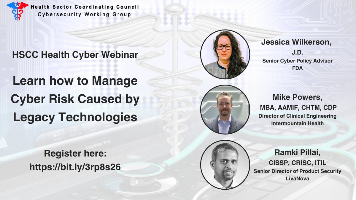 HealthCyberWG's tweet photo. The Health Sector Coordinating Council Cybersecurity Working Group (CWG) is pleased to present a webinar on Managing Legacy Technology Security.

Date: Wednesday, July 19, 2023
Time: 12PM – 1PM ET
Register: https://t.co/94Cxwx8TSO

Download HIC-MaLTS: https://t.co/uvFPnLcnwo https://t.co/X3CVwU79b5