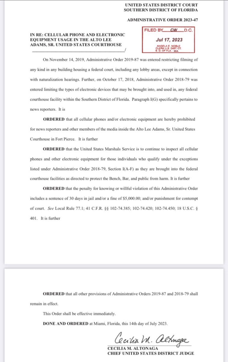 AmoneyResists's tweet image. The chief judge for the Southern District of Florida has once again barred all cell phones from the court room. We need revisions to rules in trials of such paramount importance. Trump’s trial must be viewable by the public (w/ exception of national security/CIPA proceedings).