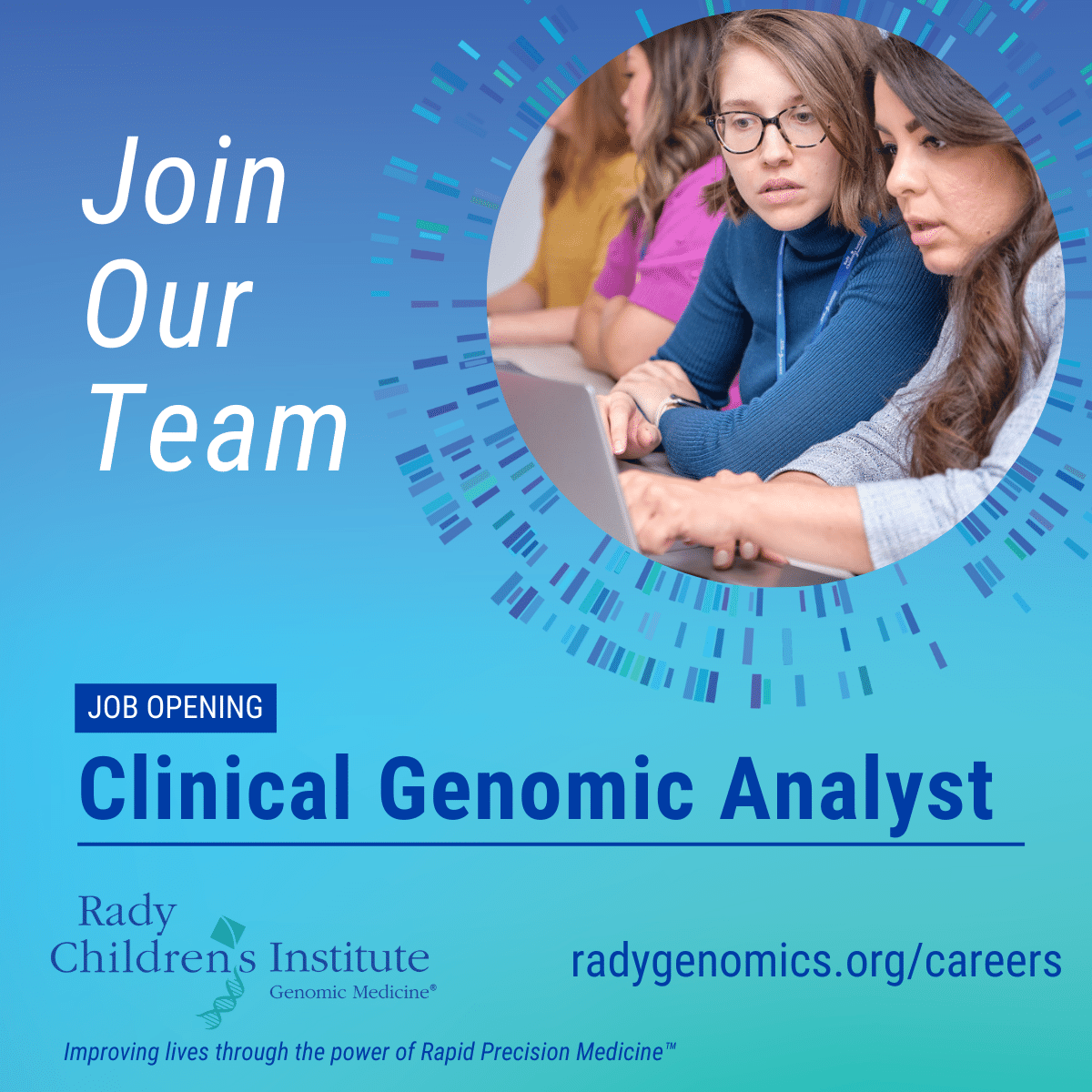 Join a team that is pioneering the future of #genomics. #TeamRadyGenomics is #hiring a Clinical Genomic Analyst. This individual will work alongside scientists, bioinformaticians, nurses &amp; clinicians to help analyze and interpret genomic patient data. jobs.rchsd.org/job/san-diego/…