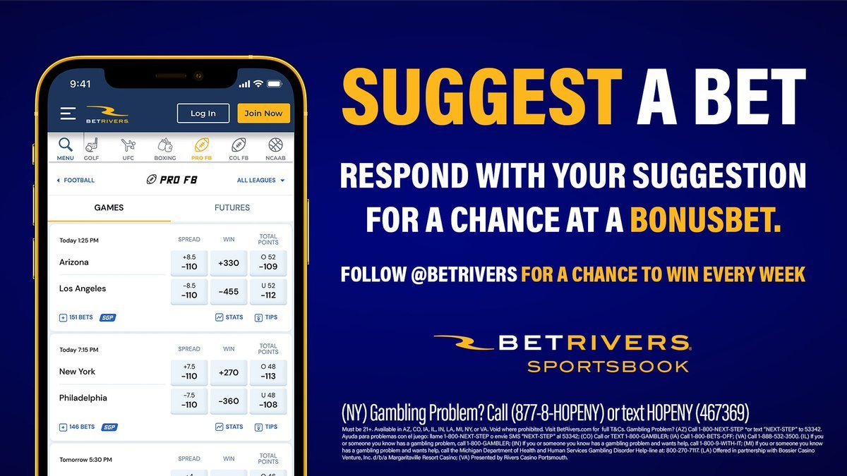 BetRivers's tweet image. 🚨 Win a $100 Bonus Bet 🚨

1⃣ Follow @BetRivers and retweet this post

2⃣ Pitch us a bet you want to see on this week's board by replying to this tweet

Winner will be selected tomorrow 💰