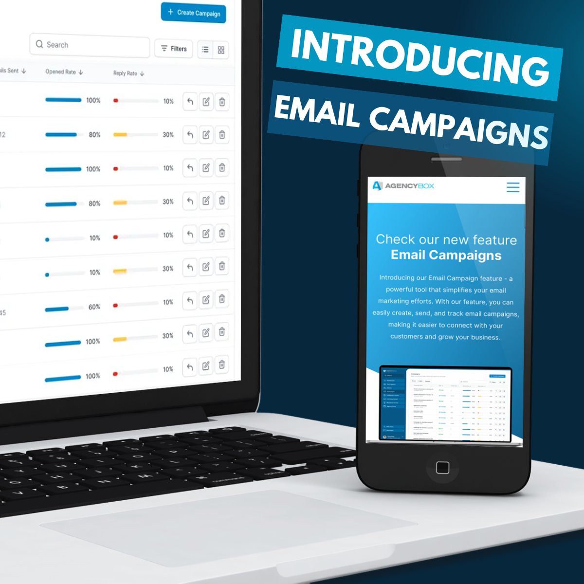 Unleash the power of email marketing with AgencyBox's new feature! 💥✉️  Simplify, streamline, and track your email marketing efforts like never before. Don't miss out on this game-changing feature – contact us today for more information.