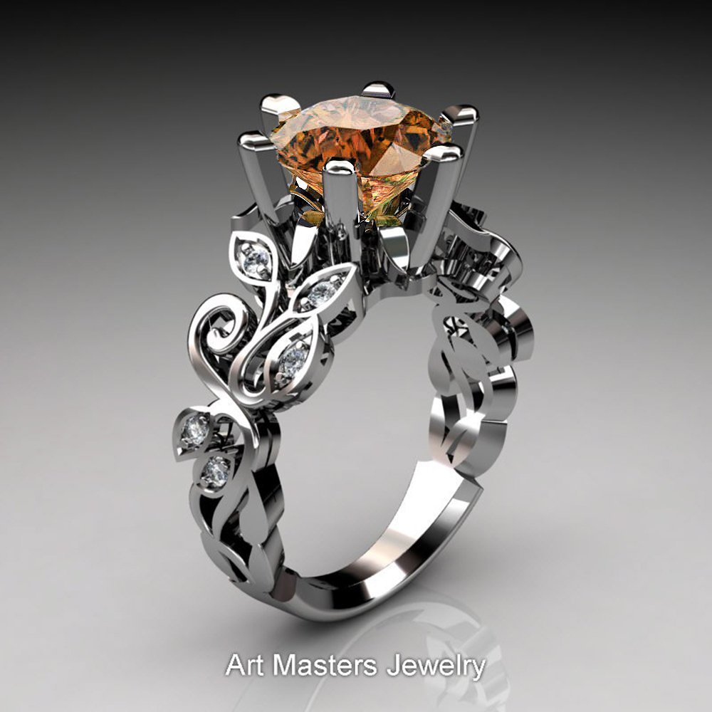 Exclusive 💍 artmastersjewelry.com/?p=423068 Art Masters New York 14K White Gold 3.0 Ct #Champagne and White #Diamond Leaf and Vine Crown Engagement Ring RNY101-14KWGDCHD