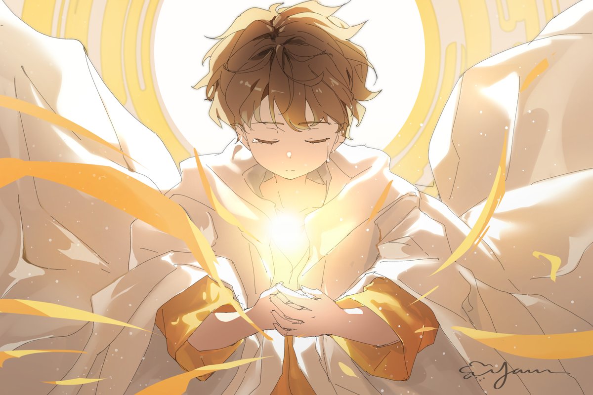 1boy male focus closed eyes robe solo brown hair glowing  illustration images