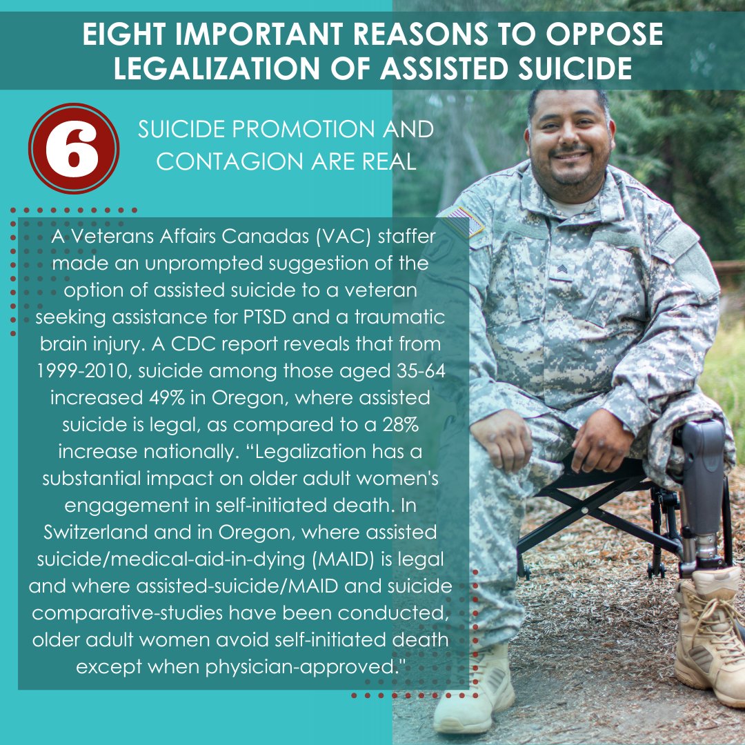 Our sixth reason to oppose assisted suicide laws is that suicide promotion and contagion are real.

Suicide prevention is offered to some while suicide help is offered to people with disabilities. That's not healthcare, it is eugenics.