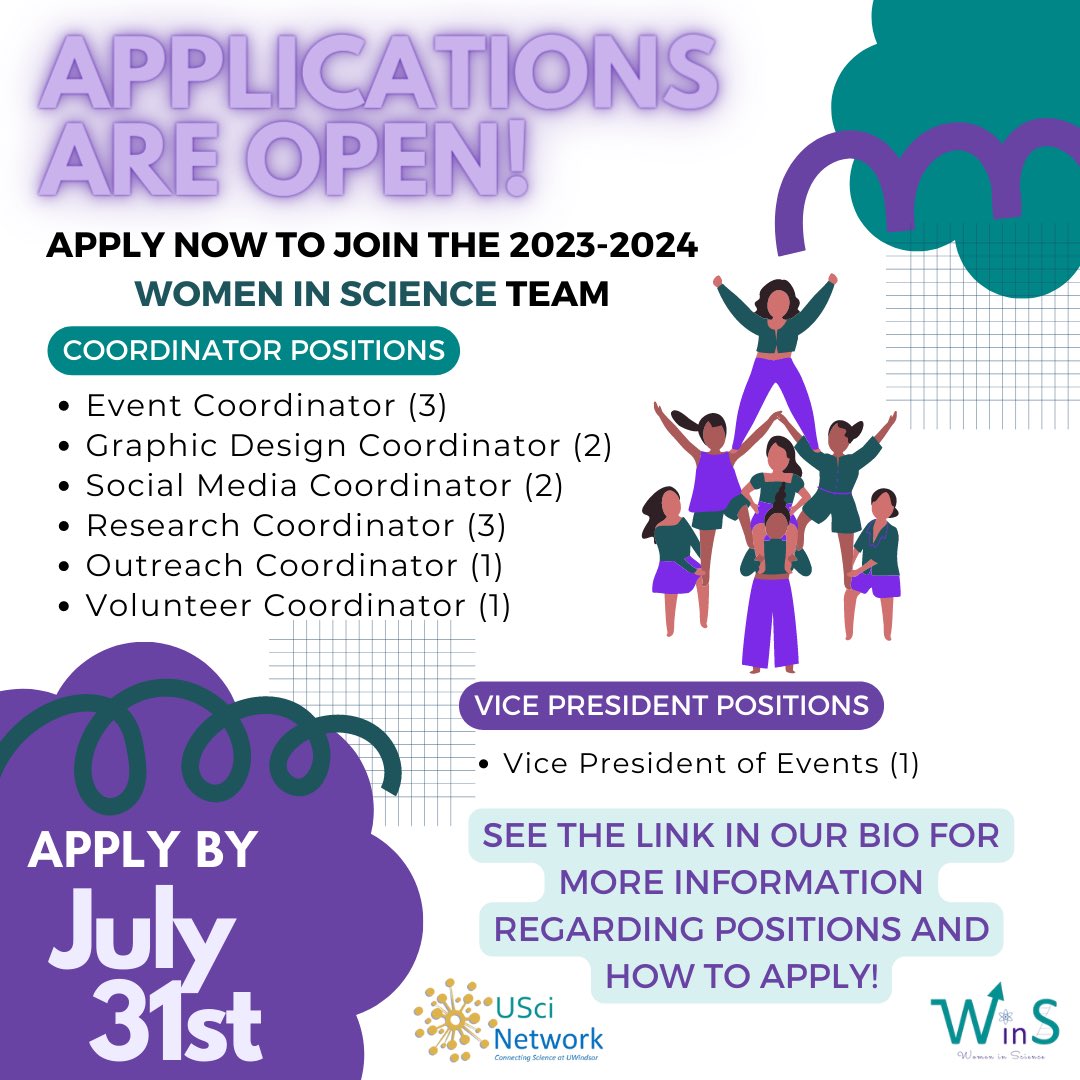 ❗️❕CALLING ALL UWINDSOR STUDENTS ❕❗️

Applications to join WOMEN IN SCIENCE’S 2023-2024 executive team are NOW OPEN!🧪🔬👩‍🔬💜

Check out the link in our bio for more information on role responsibilities and application forms 🗂️ Everyone is welcome to apply!