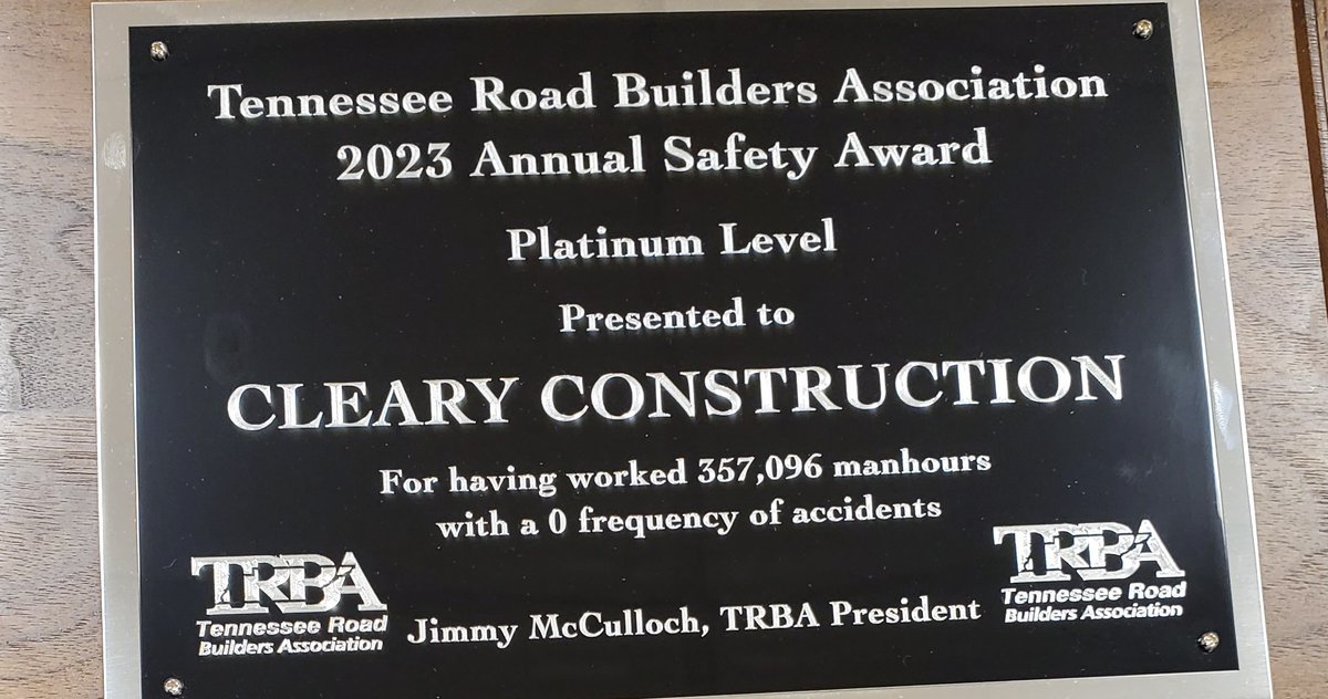 clearyconst's tweet photo. Cleary attended the TN Road Builders Association Annual Mid Year Meeting last week. Getting a TDOT update, accepting a Safety Award, & having meaningful discussions with fellow contractors & industry associates is always a highlight! #TRBA #safety #clearyconstruction https://t.co/0RB8fA619P
