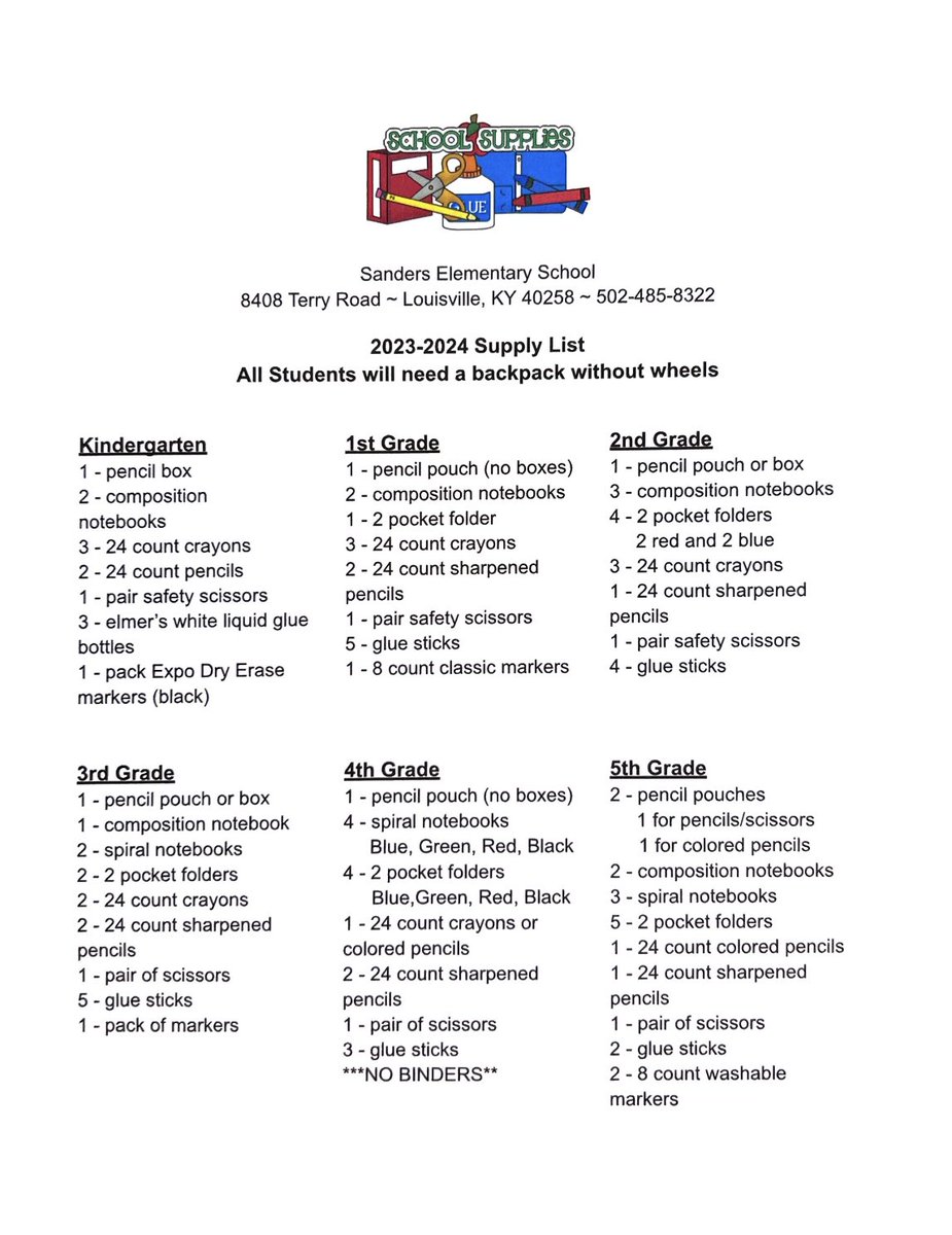 Sanders Tigers:  Are you ready for back to school shopping?!  Here’s a copy of our grade level supply lists…Happy shopping and we’ll see you soon!! 💙💛🐯