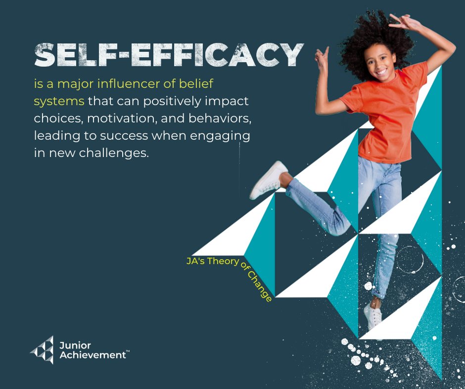 Self-efficacy is the driving force behind JA's theory of change, empowering students to develop belief systems that fuel positive choices, motivation, and behaviors. Join us on students' journeys of growth and achievement. #Empowerment #SuccessMindset
