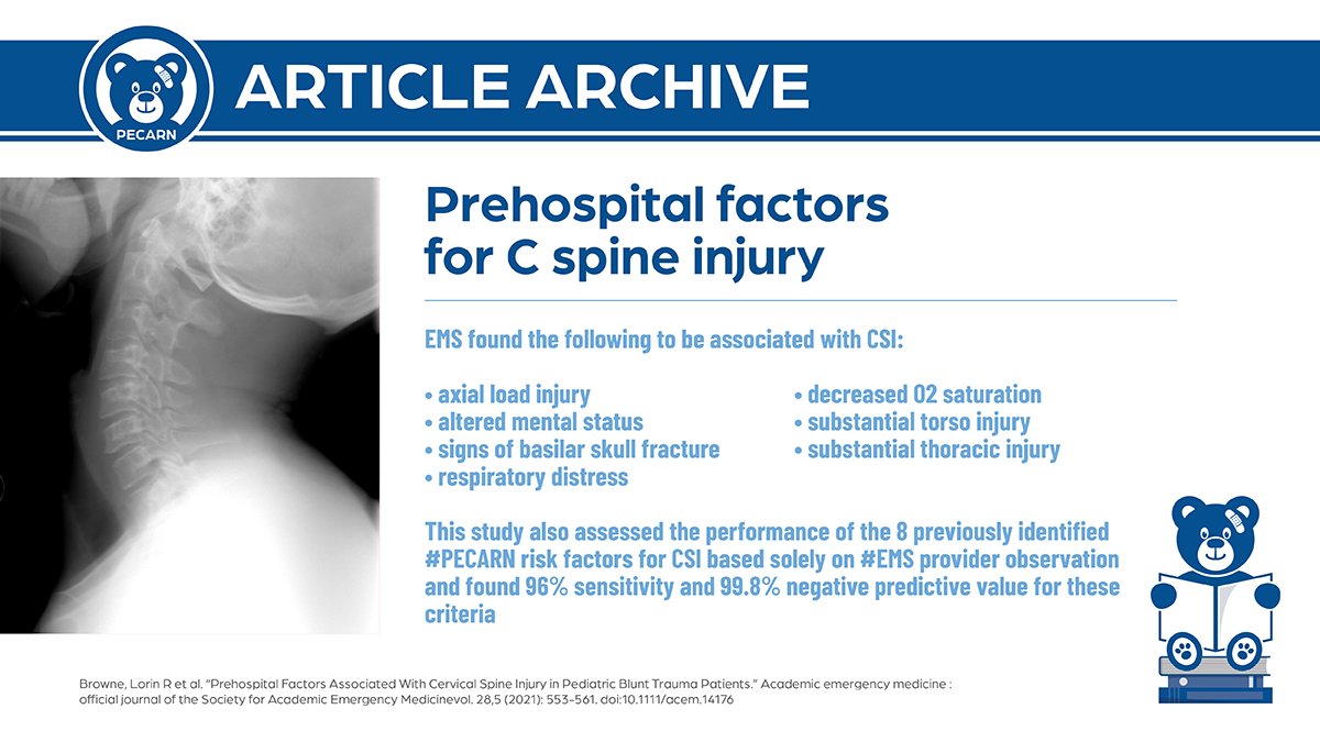 EMS providers assess the risk of cervical spine injuries (CSI) in children with blunt trauma—this #PECARN study looked at EMS-observed historical, mechanistic, and physical exam factors with CSI in children 🚑 bit.ly/38Sadbq #PEM @nkuppermann @pedsemergmed @roguedadMD