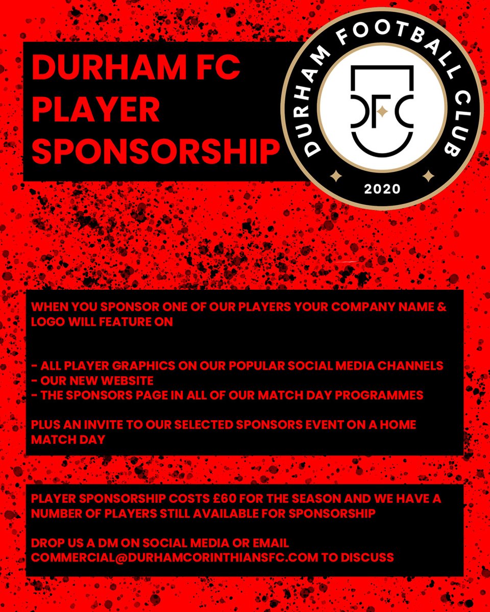 We're looking for player sponsors ahead of the 2023/24 Wearside League campaign.  Sponsoring one of the players is great way to support the club whilst promoting your business.

Drop us a line for more details and to hear how DFC can promote your business across our network.