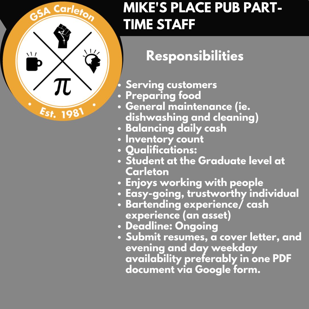 Apply today to be a Mike's Place Part-Time Staff! Deadline July, 31st at Midnight.  gsacarleton.ca/jobs/