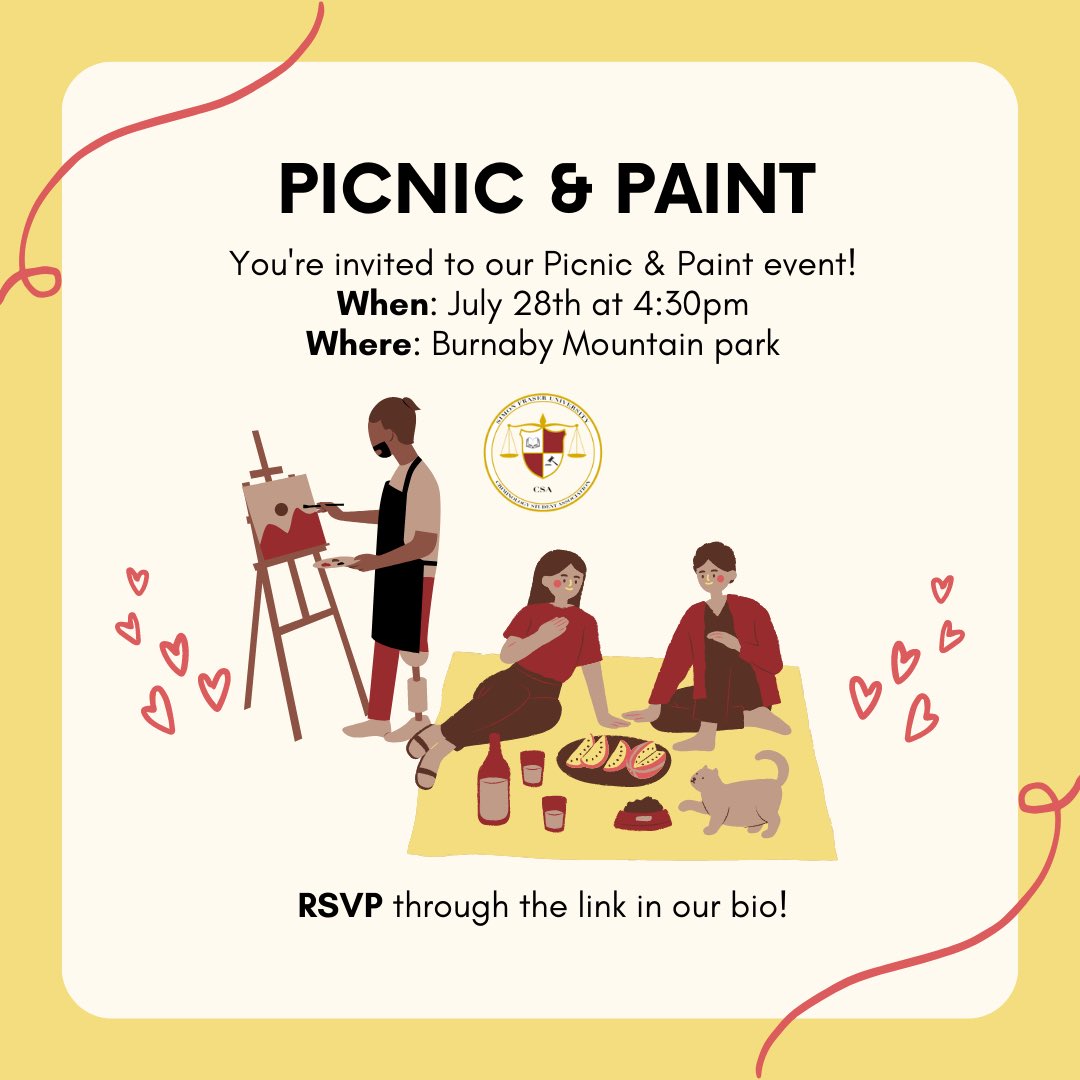You’re invited to our picnic and paint event that will take place on July 28th at 4:30 on Burnaby Mountain Park. Bring your friends and get ready to express your creativity! RSVP through the link in our bio 🩷 Hope to see you there!