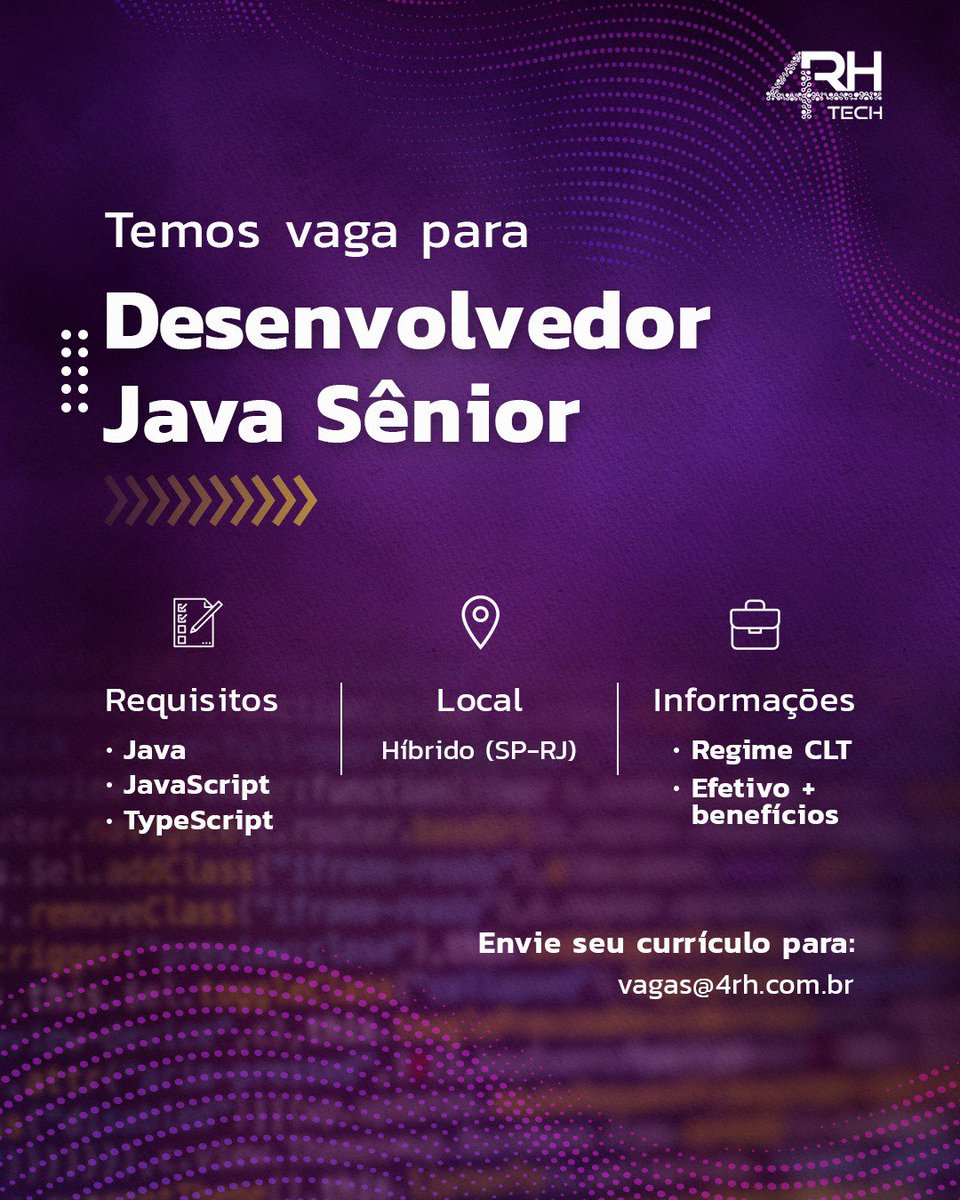 4RHTech's tweet image. Olá Java Sênior dessa rede, estamos em busca de você para completar o time !!
Para se candidatar : lnkd.in/dcKJSTV3
#vagasp #vagasrj #desenvolvedorjava #tecnologiadainformação #softwaredev