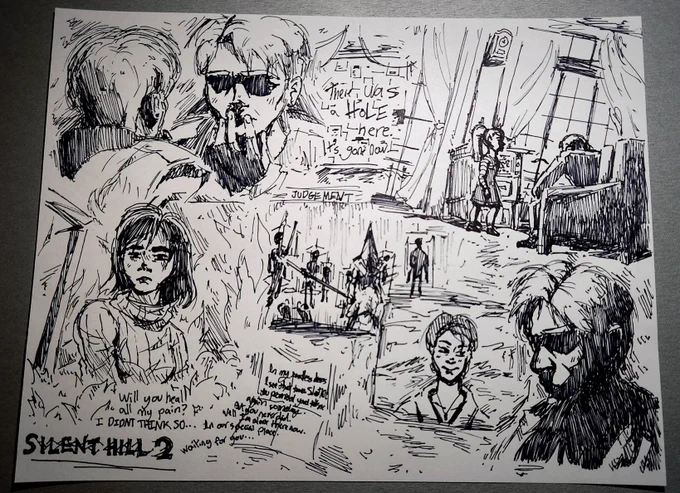 Welcome to #SilentHill Just finished #SilentHill2 on real hardware and I've been thinking about the game again. Some pen doodles. Kinda messed up Laura's face (suck at drawing kids) and Mary's face but it's been so rip.  @adsk4