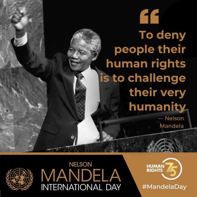 On Tuesday’s #MandelaDay & every day, Madiba continues to inspire us to ensure that all people, everywhere can enjoy their rights. More on Mandela’s legacy, as we mark 75 years since the adoption of the Universal Declaration of Human Rights. un.org/en/events/mand…