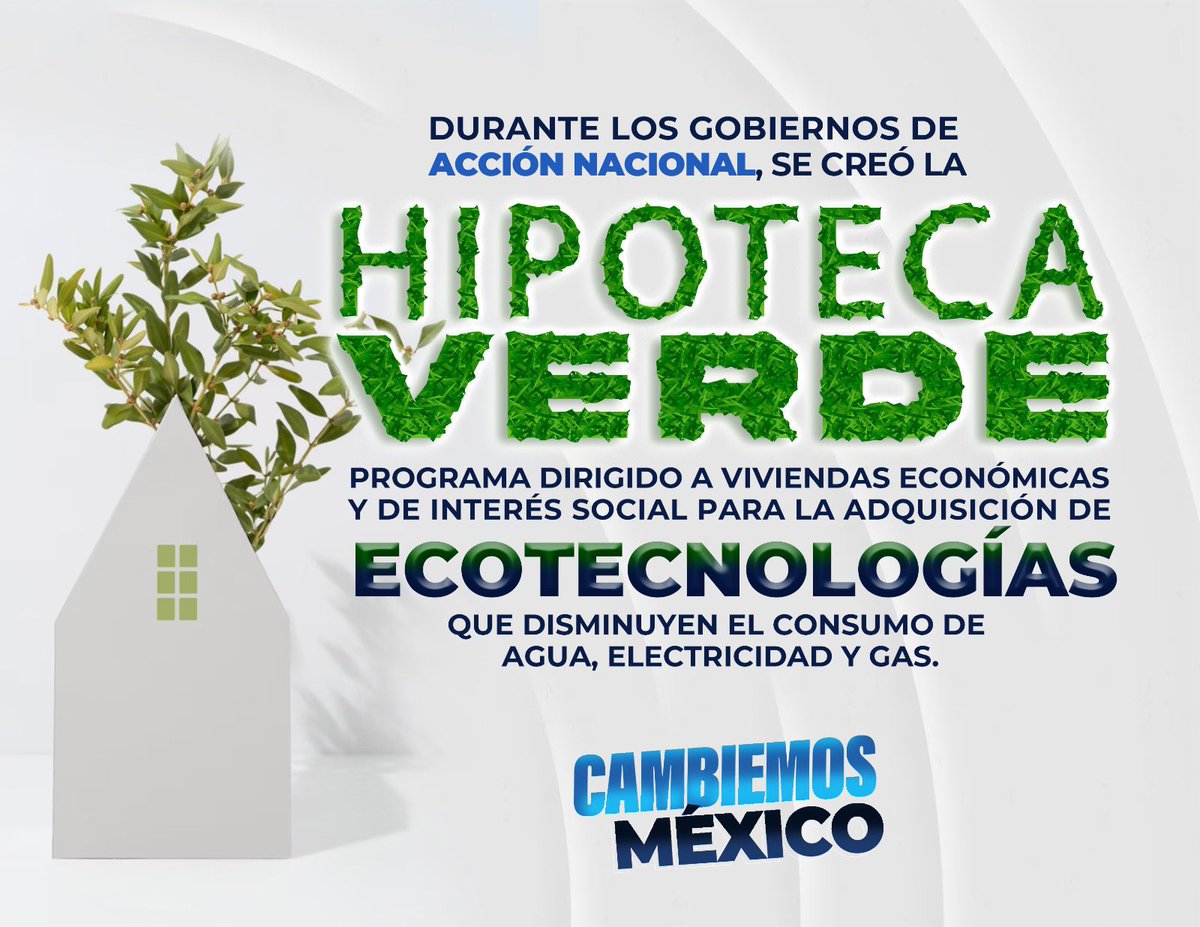ElLuisSerrato's tweet image. La #HipotecaVerde es una iniciativa de los gobiernos de @AccionNacional para desarrollar viviendas económicas, de interés social que disminuyan el consumo y gasto en agua, luz y gas. #Cambiemos México y sigamos siendo responsables con nuestro medio ambiente.