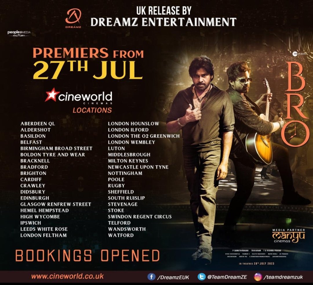 tolly_UK_US_EU's tweet photo. #BroTheAvatar UK🇬🇧
Bookings opened for premiers on @cineworld
Premiers from 27th July,2023
#BRO #BroTheAvatar #BroFirstSingle @PawanKalyan @IamSaiDharamTej @peoplemediafcy https://t.co/ZOiSsqlglq