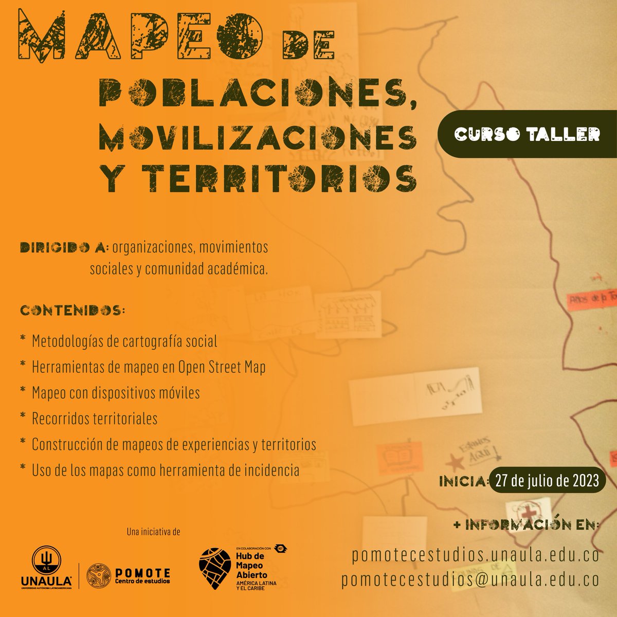 Están abiertas las postulaciones de organizaciones sociales de Medellín y Área Metropolitana para participar en el Curso_Taller sobre mapeo que realizará el Centro de Estudios de @Unaula en alianza con @mapeoabierto_la Inscripciones en pomotecestudios.unaula.edu.co/2023/07/15/con…