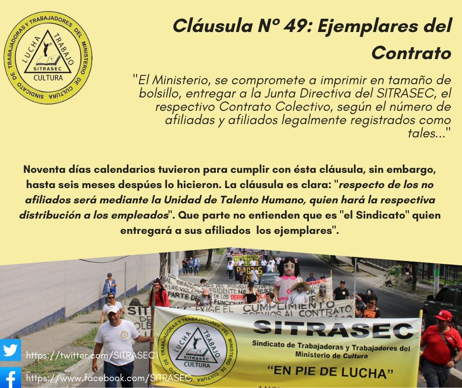 SITRASEC1's tweet photo. #Denuncia || Es lamentable que autoridades de @culturasv después de seis meses de retraso en la entrega de los "Ejemplares del Contrato", se tomen atribuciones que no les corresponde.
Es #Sitrasec quien entregará a sus afiliados una copia del C.T.
@OITnoticias , @ysuca91siete https://t.co/L649aaIfFH