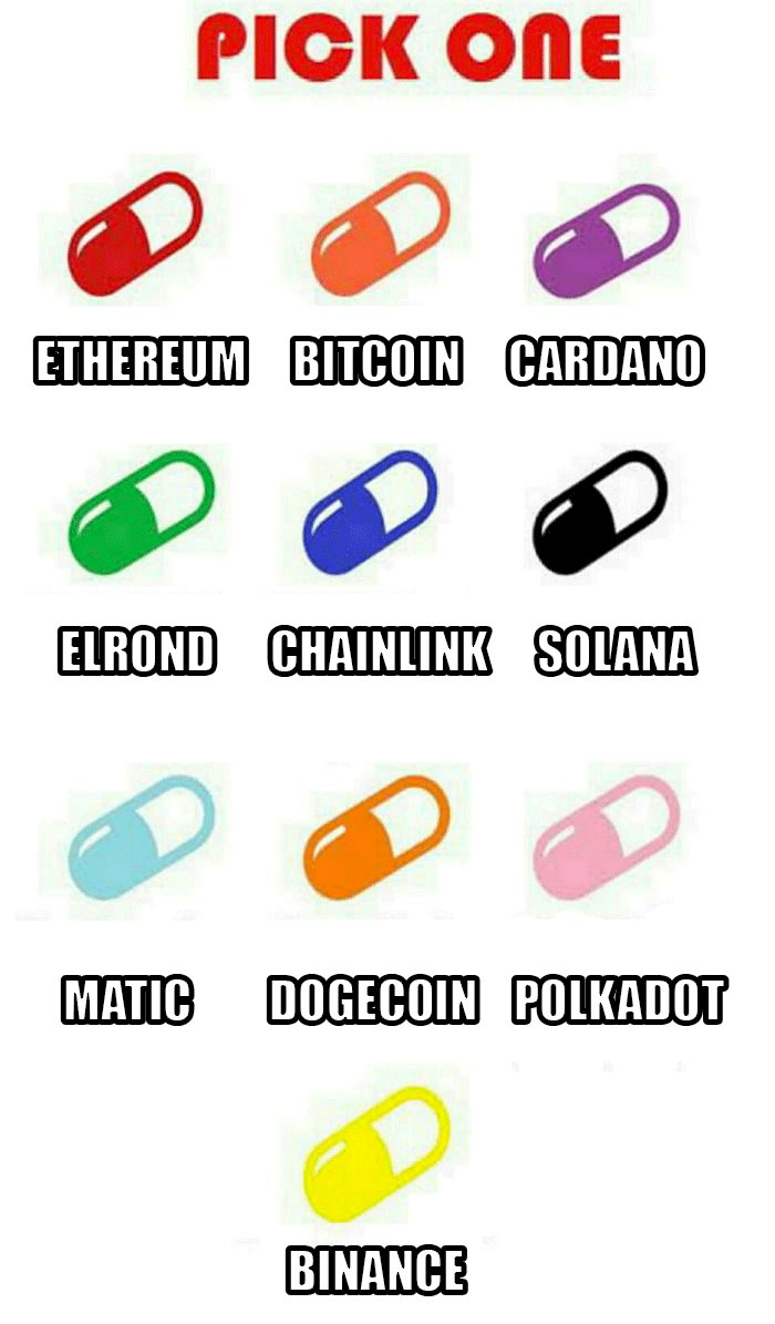 Which 3 do you choose? 💊

🧡 #Bitcoin
❤️ #Ethereum
💜 #Cardano
💚 #MultiversX
💙 #Chainlink 
🖤 #Solana
💙 #Matic
💛 #Dogecoin 
💗 #Polkadot 
💛 #Binance