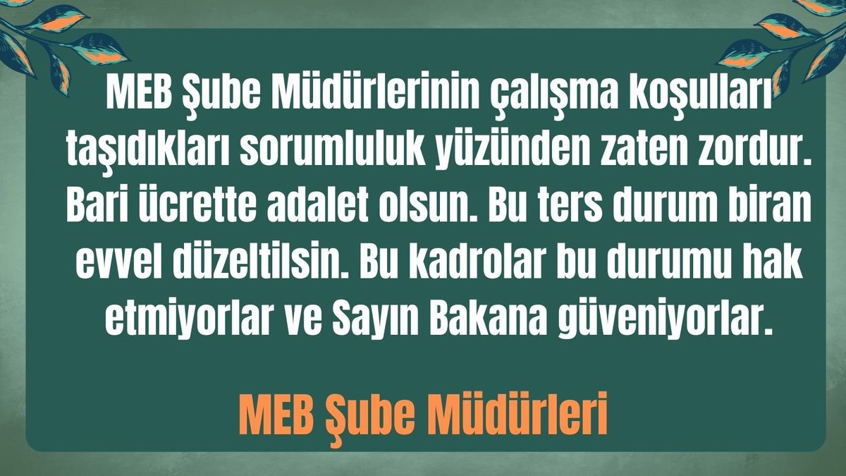 selamicicek25's tweet photo. MEB Şube Müdürleri mali ve özlük haklarının, üstlendikleri sorumluluklara ve hiyerarşik makamlara uygun hale getirilmesi konusunda Sayın Bakanımıza güven duymaktadırlar. 
#MebSubeMudurleri
@RTErdogan
@Yusuf__Tekin
@memetsimsek
@cftcblnt
@aliyalcin https://t.co/JXgQR43gbN