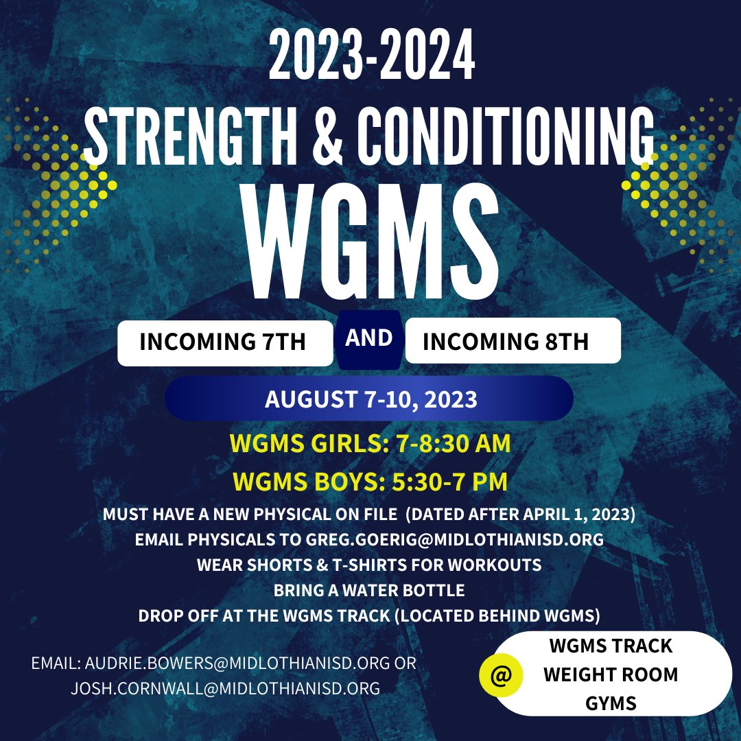 carly_woolery's tweet photo. @WGMSWildcats @WGMSAthletics Attention, incoming 7th and 8th grade athletes! #MISDProud #WGMS https://t.co/T7gWV77Qxr