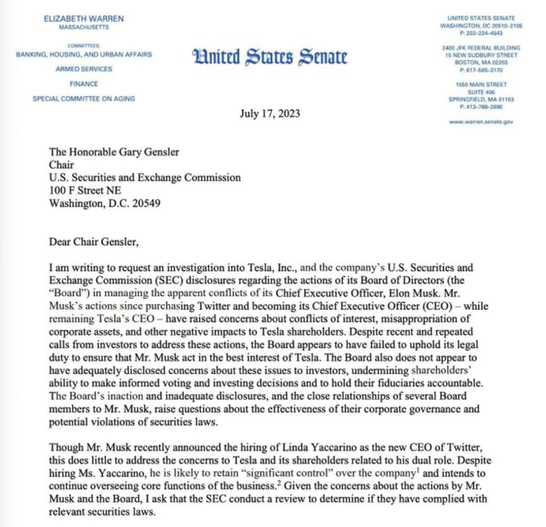 Digits3Web's tweet image. 𝙅𝙐𝙎𝙏 𝙄𝙉: 🇺🇸 Senator Elizabeth Warren requests SEC investigation into Elon Musk's Tesla over Twitter ties, alleging misappropriating assets and conflicts of interest.