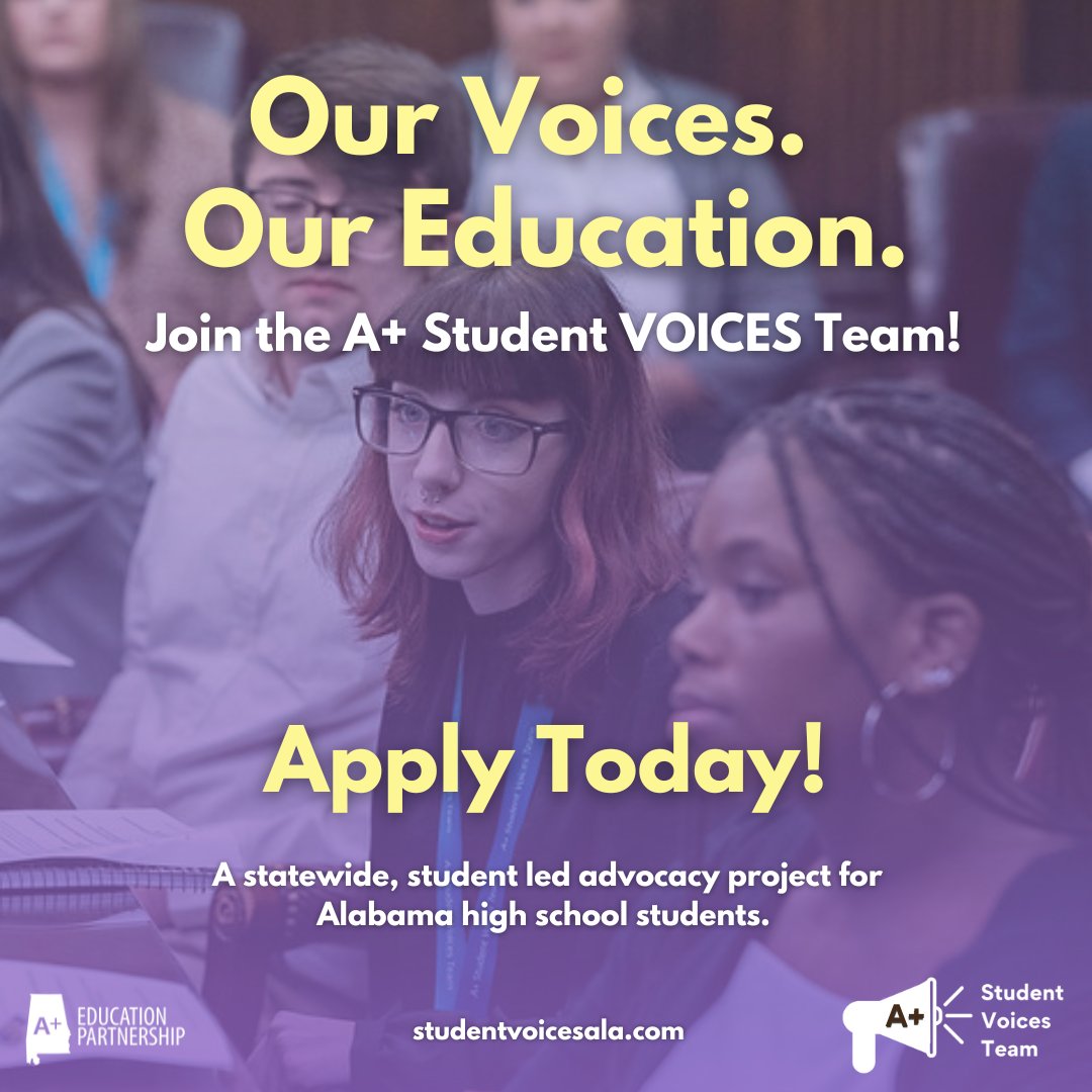 Calling all Alabama high school students!📣Do you know a student interested in advocating for change? Students will have opportunities to meet with state officials, conduct research in their schools, and more.  Visit studentvoicesala.com to apply or nominate a student.