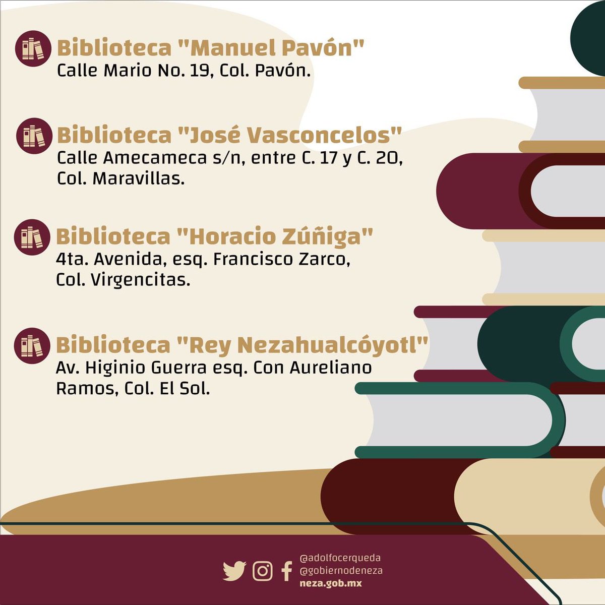 GobNeza's tweet photo. #Educación 📚 | ¡Visita nuestras #BibliotecasMunicipales! 📖
Leer 🤓 tiene grandes beneficios como:
✔️ Mejorar la ortografía
✔️ Alimentar el vocabulario
✔️ Estimular la creatividad
¡Acude a la más cercana a tu domicilio! 🏠📍
#Neza #CapitalMulticultural https://t.co/bQguZ48sXN
