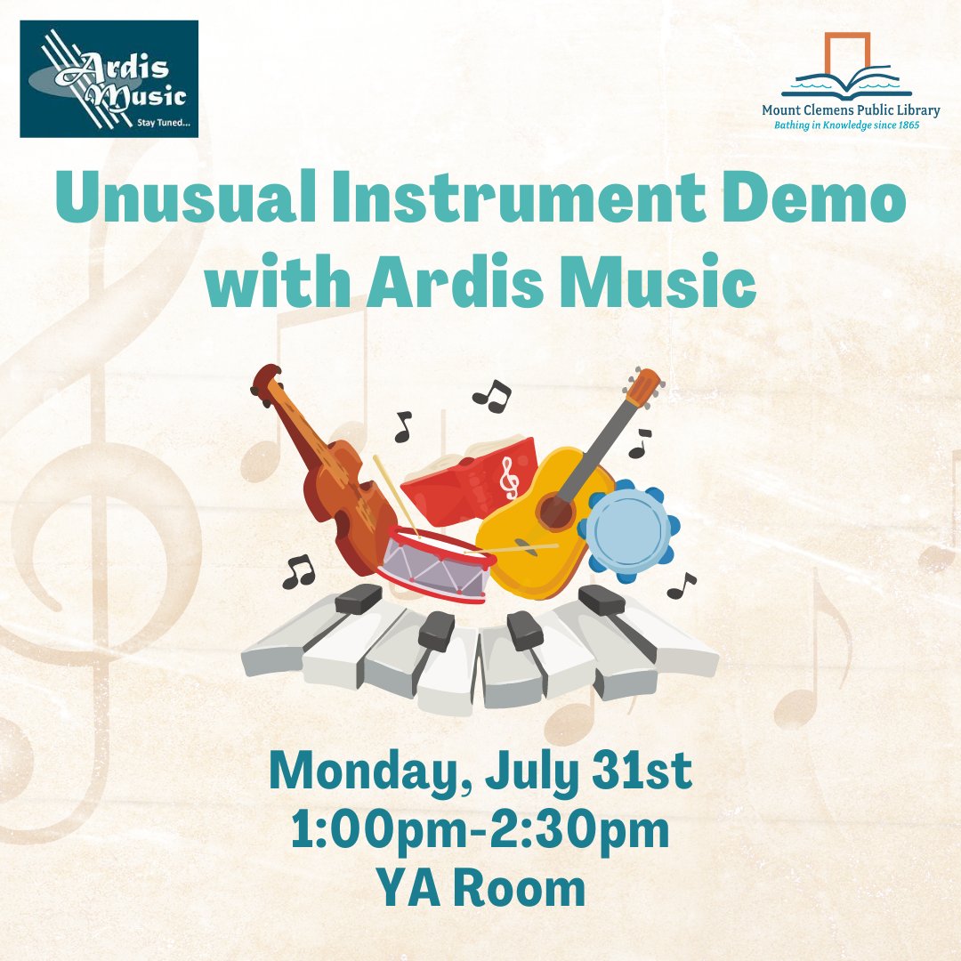 mtclibrary's tweet photo. Celebrate Unusual Instrument Awareness Day with us and Ardis Music! They will be at our library on Monday, July 31st to demonstrate and spread knowledge about unique instruments. Register at https://t.co/C1IutbmTf3

#mountclemens https://t.co/wQ2AY0Sq6L