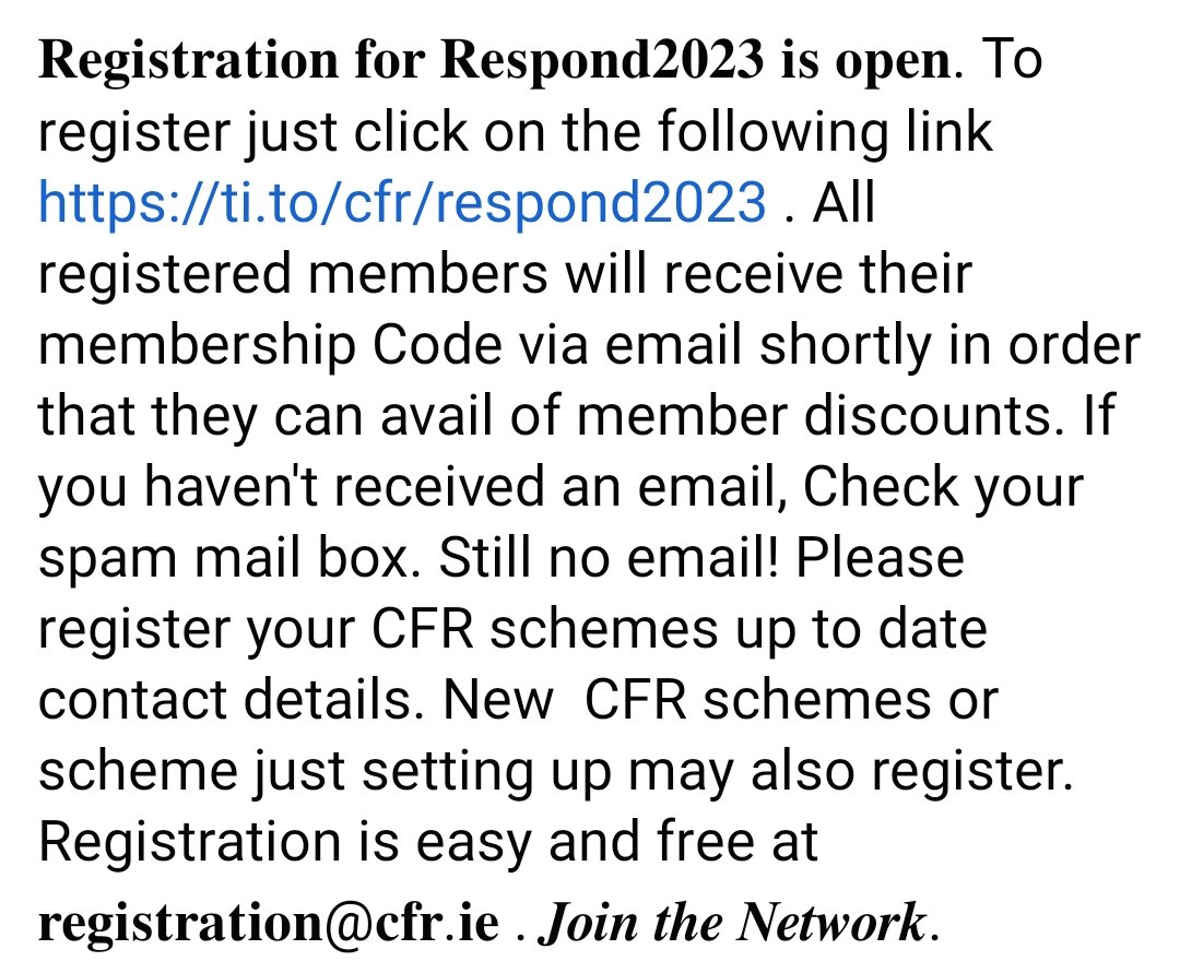 โค๏ธ CFR Ireland โค๏ธ (@cfrireland) on Twitter photo ๐๐๐ ๐ข๐ฌ๐ญ๐ซ๐๐ญ๐ข๐จ๐ง ๐๐จ๐ซ ๐๐๐ฌ๐ฉ๐จ๐ง๐๐๐๐๐ ๐ข๐ฌ ๐จ๐ฉ๐๐ง. To register just click on the following link ti.to/cfr/respond2023 . All registered members will receive their membership Code via email shortly in order that they can avail of member discounts. ๐๐๐ ๐ข๐ฌ๐ญ๐ซ๐๐ญ๐ข๐จ๐ง ๐๐จ๐ซ ๐๐๐ฌ๐ฉ๐จ๐ง๐๐๐๐๐ ๐ข๐ฌ ๐จ๐ฉ๐๐ง. To register just click on the following link ti.to/cfr/respond2023 . All registered members will receive their membership Code via email shortly in order that they can avail of member discounts.